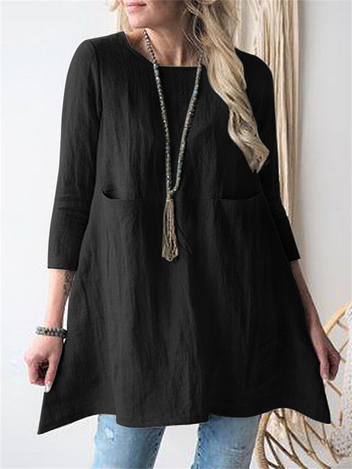 New Color Loose Waist Round Neck Seven-quarter Sleeve Cotton and Linen and Comfortable Dresses
