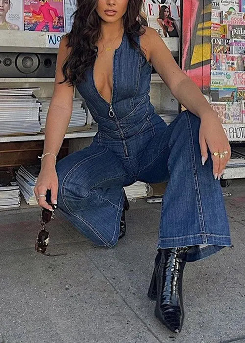 New Blue Zip Up Backless Denim Jumpsuit Sleeveless