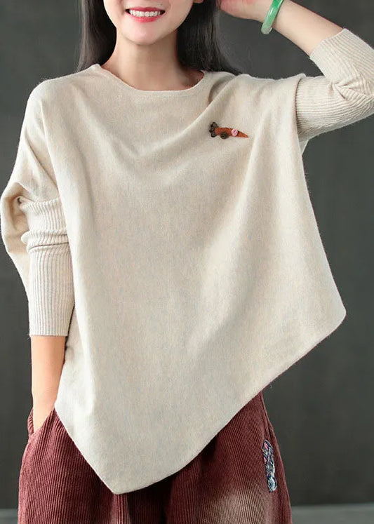 Italian Beige O-neck Asymmetrical Knit Tops Spring