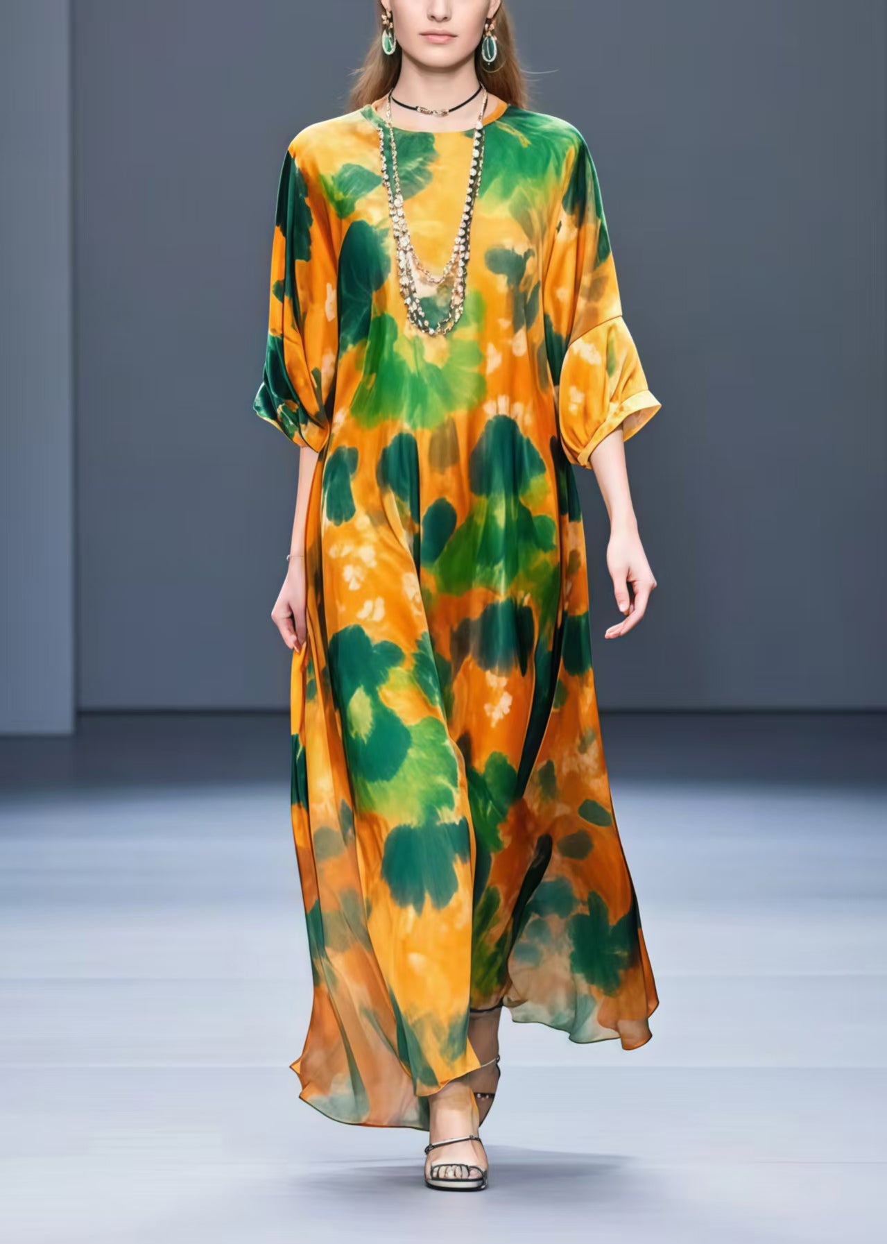 Orange Oversized Leaf Print Chiffon Dress Half Sleeve