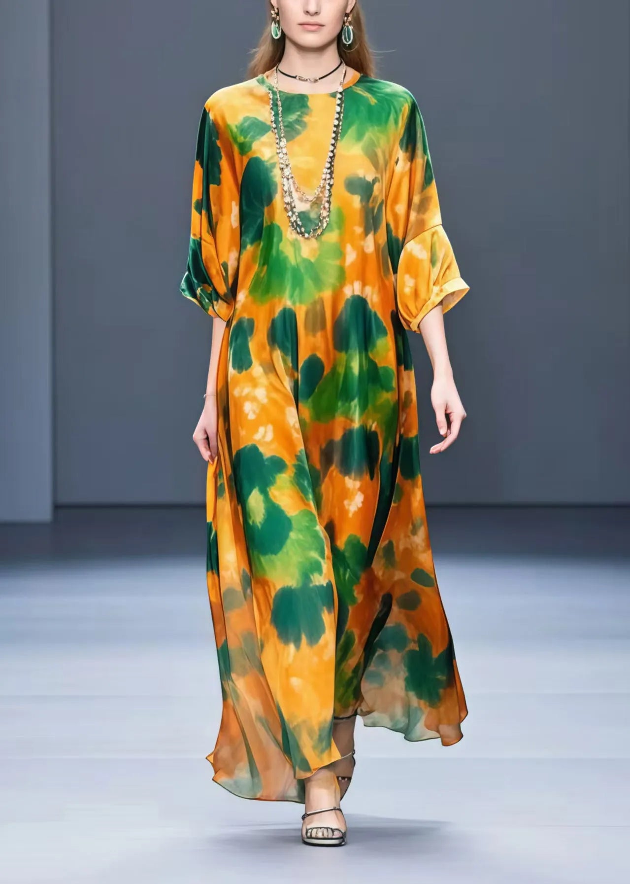 Orange Oversized Leaf Print Chiffon Dress Half Sleeve