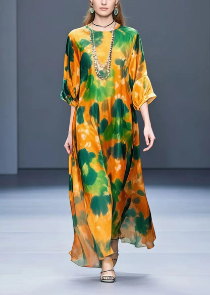 Orange Oversized Leaf Print Chiffon Dress Half Sleeve
