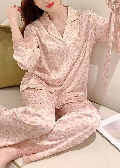 Pink Leopard Lace Patchwork Ice Silk Pajamas Two Pieces Set Spring