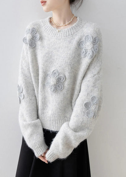 Boutique Grey O Neck Nail Bead Knit Sweater Tops Spring