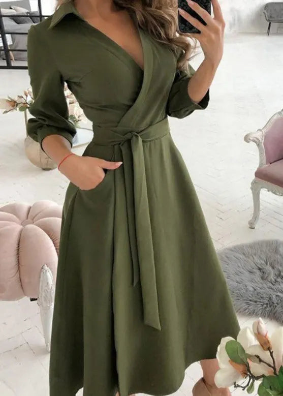 Classy Apricot V Neck Tie Waist Cotton Dress Long Sleeve