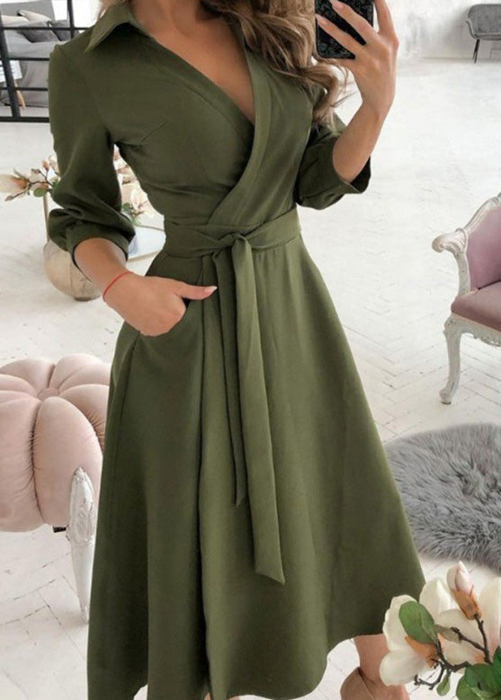 Classy Apricot V Neck Tie Waist Cotton Dress Long Sleeve