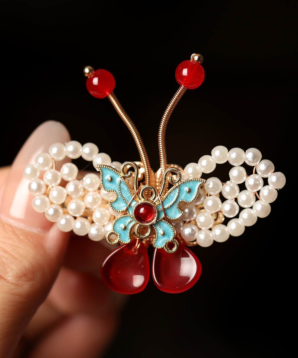 Red Alloy Pearl Colored Glaze Butterfly Kids a Pair Hairpin
