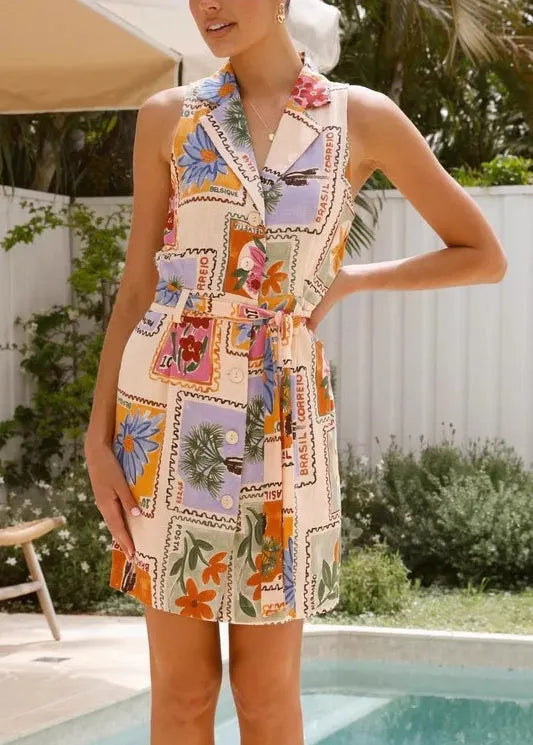 New Peter Pan Collar Print Tie Waist Linen Mid Dress Sleeveless