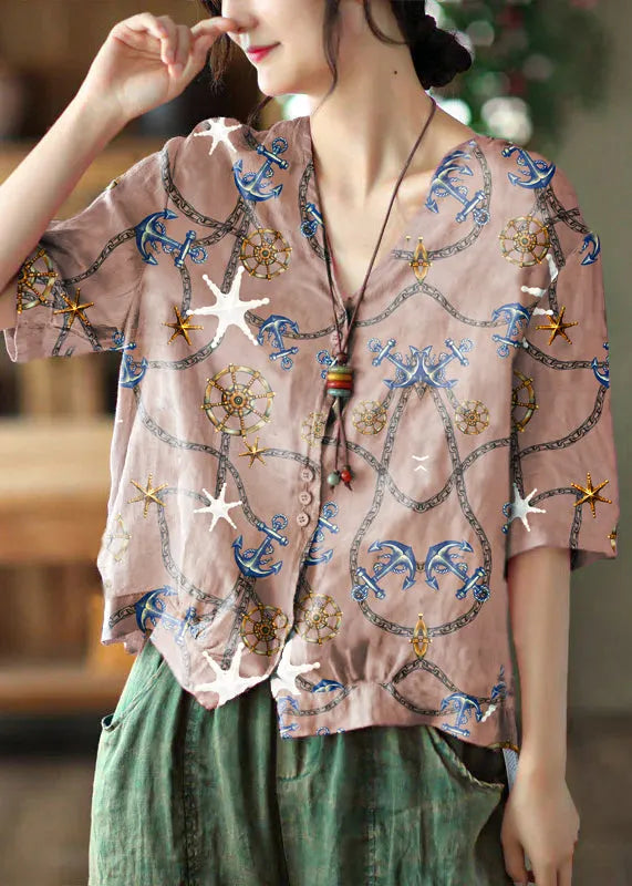 Italian Gray Texture V Neck Print Button Linen Top Half Sleeve