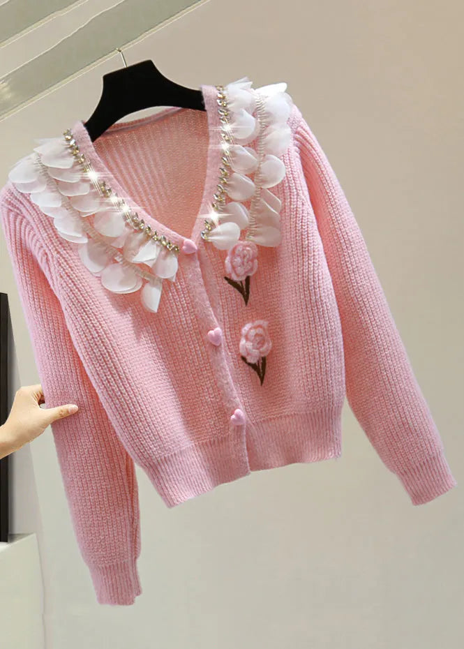 Pink Zippered Patchwork Cotton Knit Sweater Winter