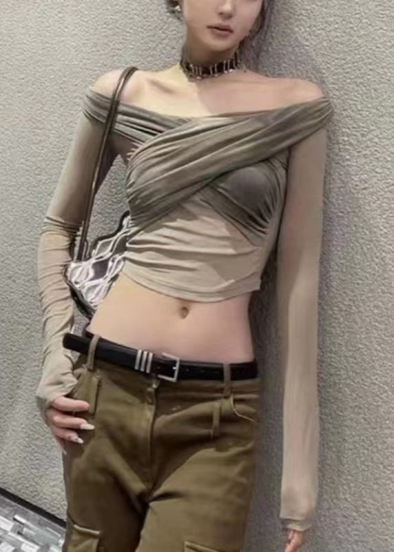 Grey Cold Shoulder Slim Fit Tulle Top Long Sleeve
