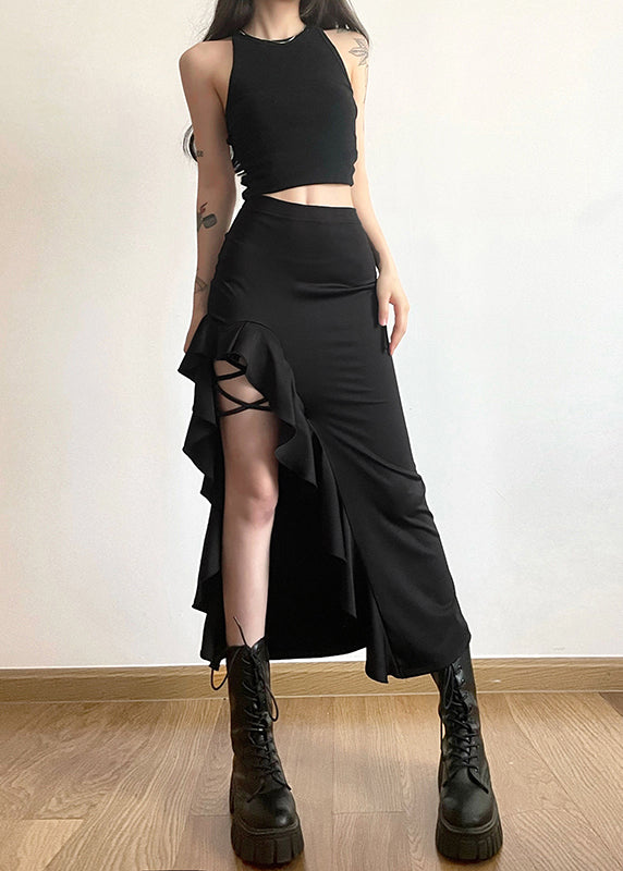 Style Black Ruffled Side Open Patchwork High Waist Skirts Summer