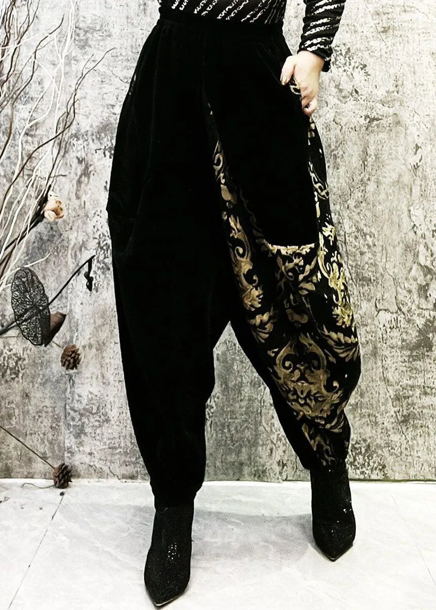 Black Embroidered Pockets Patchwork Corduroy Lantern Pants Spring