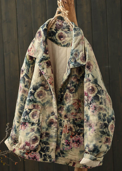 Khaki Peter Pan Collar Print Fine Cotton Filled Jacket Spring
