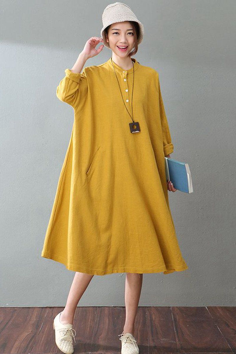 Spring Yellow Cotton Linen Dresses Long Sleeve Shirt Dress Outfits