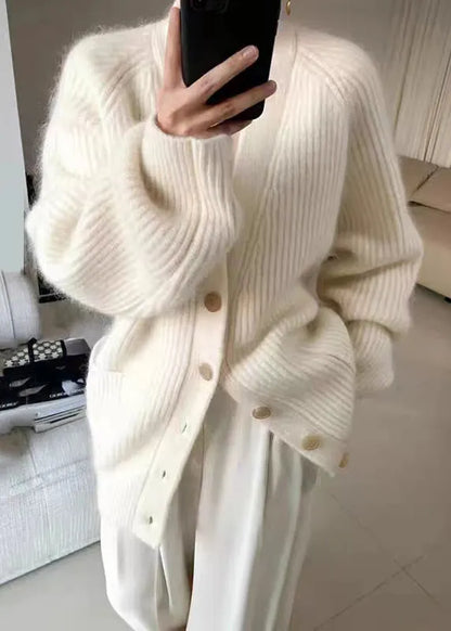 Beige V Neck Button Pockets Cotton Knit Coats Fall