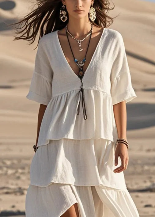 White Asymmetrical Design Cotton Long Dress Summer