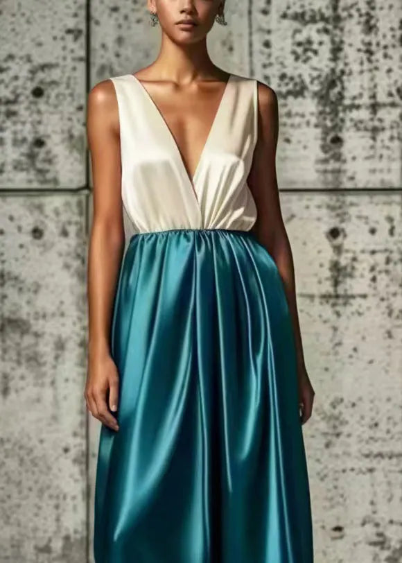 Style White Deep-v Neck Patchwork Silk Maxi Dresses Summer