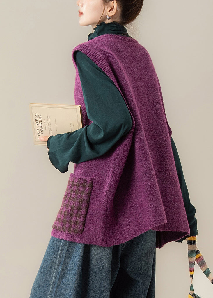 Purple Patchwork Button Cozy Cotton Knit Waistcoat Winter