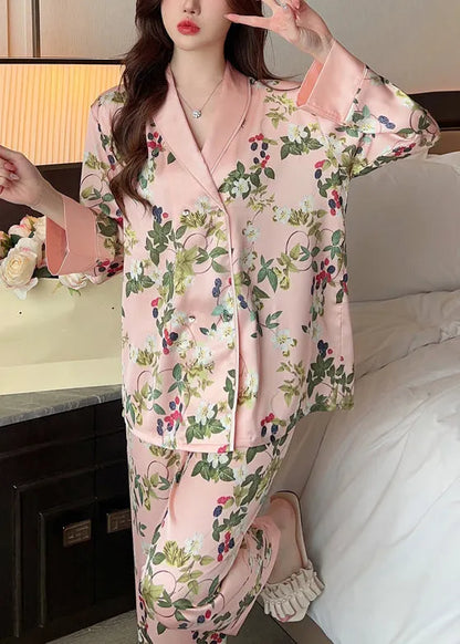 Pink Peter Pan Collar Print Ice Silk Pajamas Two Pieces Set Spring