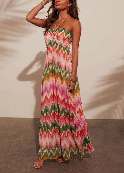 Colorblock Backless Spaghetti Strap Dress Summer