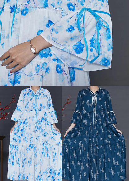 Navy Print Cotton Holiday Dresses Exra Large Hem Summer