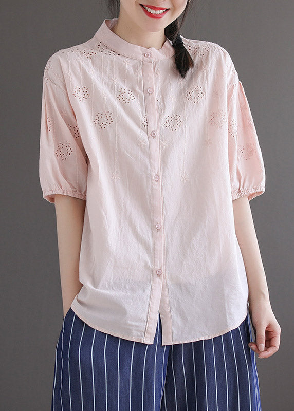 Light Blue Stand Collar Embroidered Button Cotton Shirt Half Sleeve