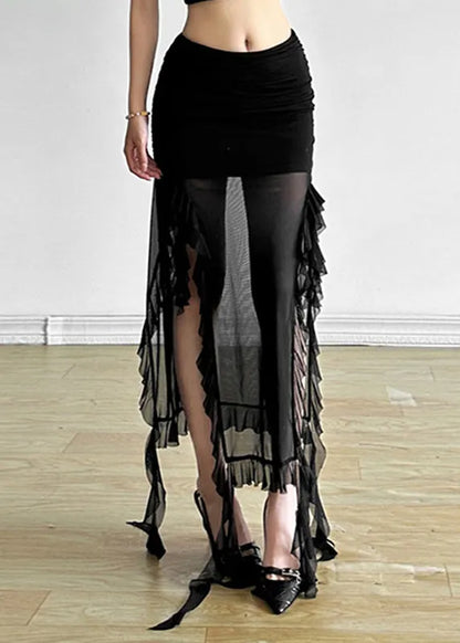 Black High Waisted Wooden Ear Edge Slit Skirt