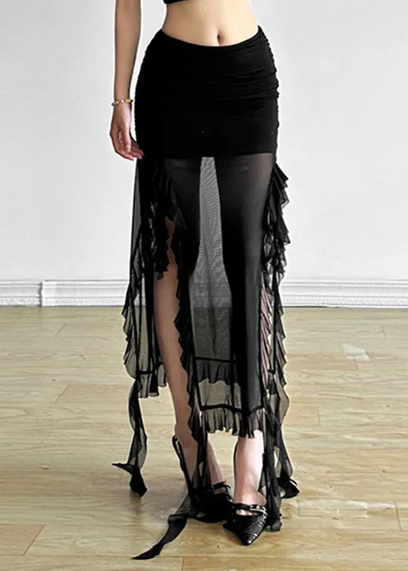Black High Waisted Wooden Ear Edge Slit Skirt