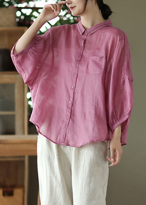 Organic Rose Patchwork Button Ramie Top Long Sleeve