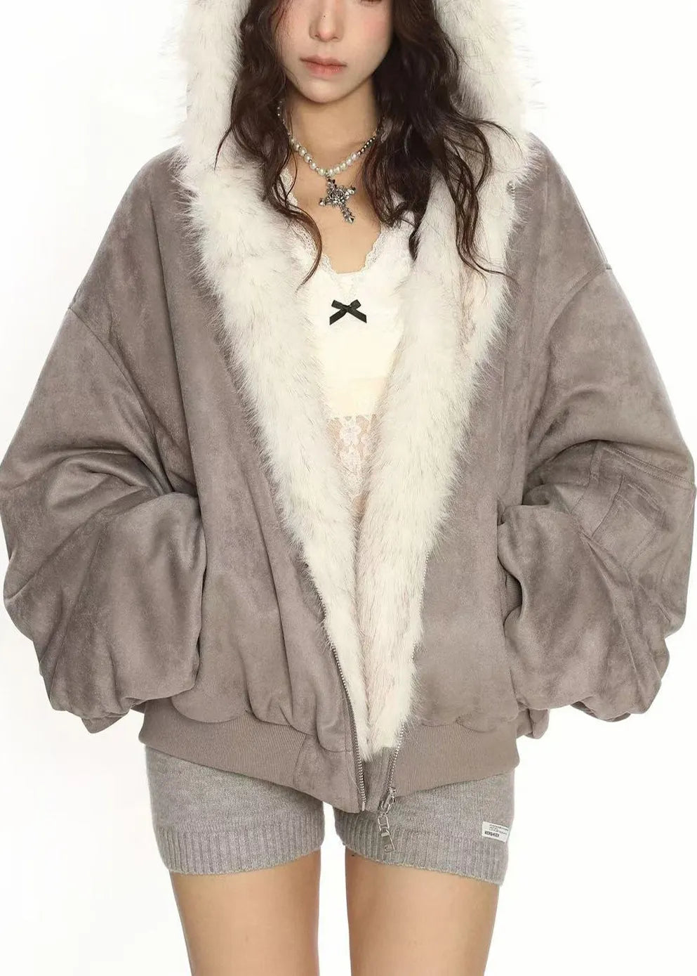 French Grey Wear on Both Sides Faux Suede Hooded Coats Winter