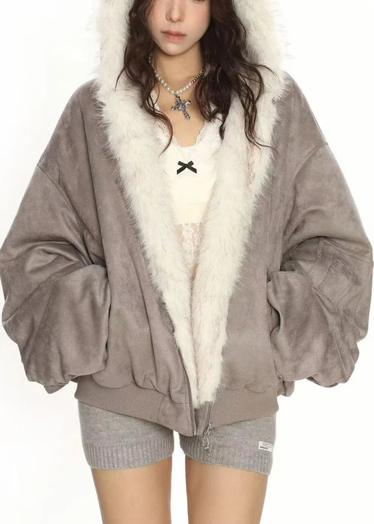French Grey Wear on Both Sides Faux Suede Hooded Coats Winter