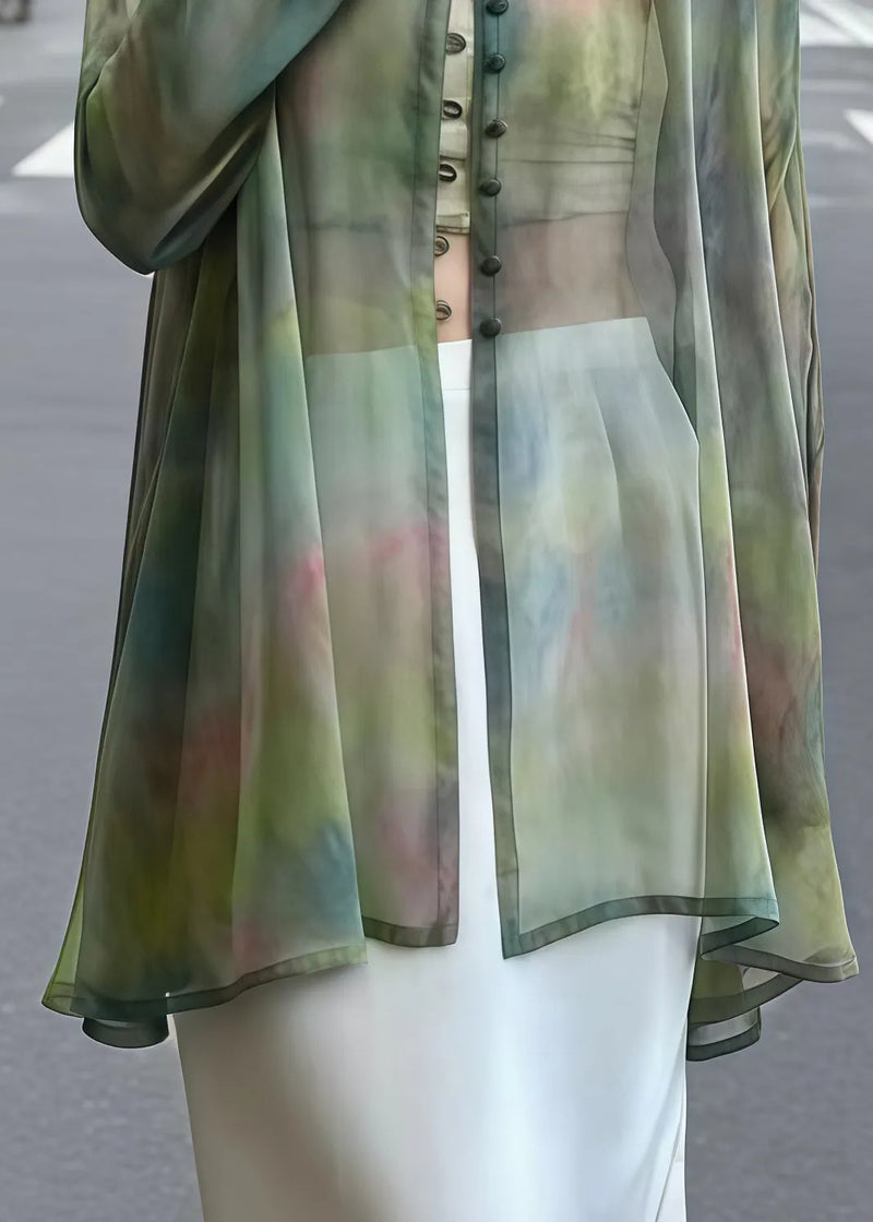 Green Tie Dye Chinese Button Chiffon Sheer Cardigan Summer