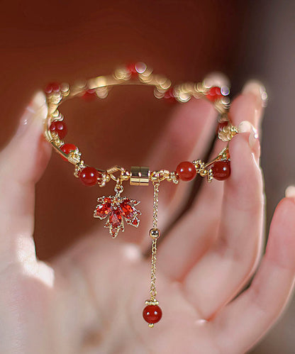 Diy Red 14k Gold Agate Maple Leaves Charm Bracelet