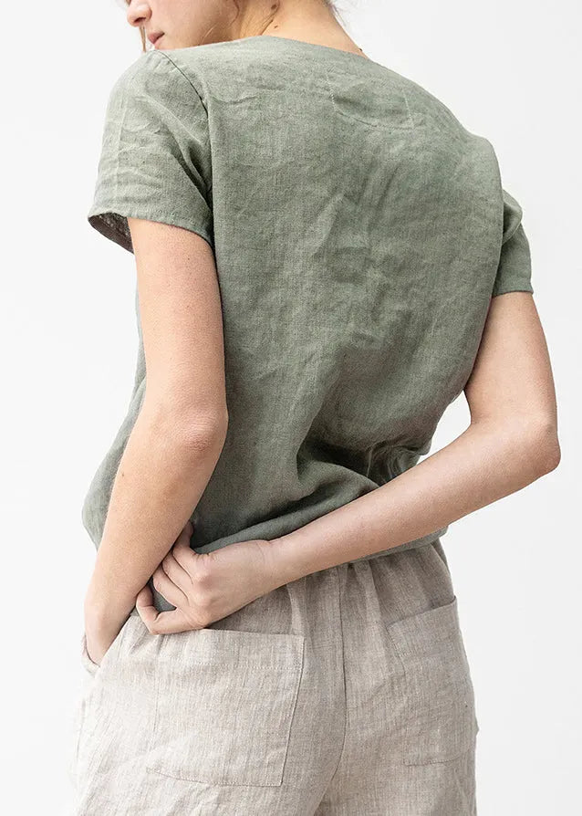 Boutique Green V Neck Simple Linen T Shirts Summer