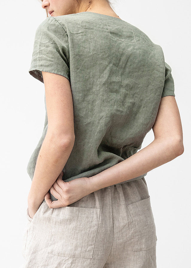 Boutique Green V Neck Simple Linen T Shirts Summer