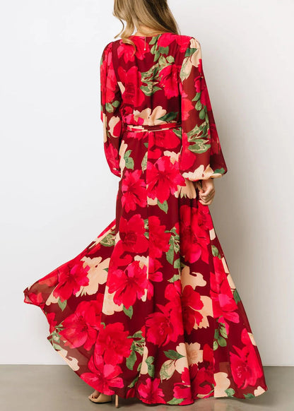 Red Print Side Open Cotton Maxi Dresses Fall