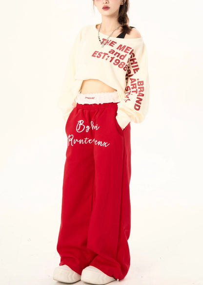 Red Patchwork Lace Cotton Pants Letter Print Spring