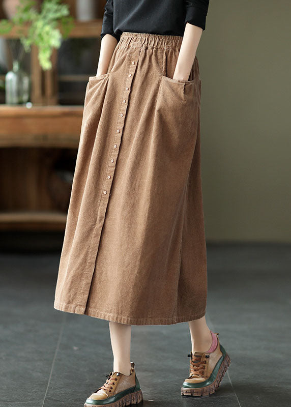Khaki Elastic Waist Button Pockets Corduroy Skirts Spring