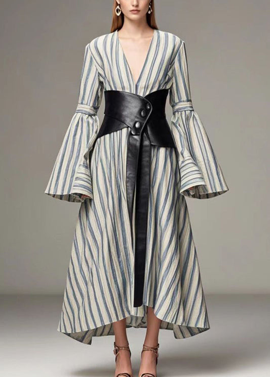 Blue Striped Cotton Cinched Dresses Deep-v Neck Flare Sleeve