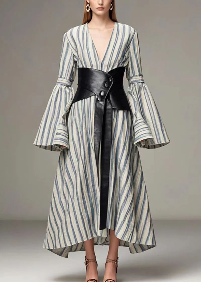 Blue Striped Cotton Cinched Dresses Deep-v Neck Flare Sleeve