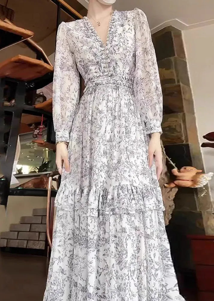 White Ruffled Print Chiffon Dress Long Sleeve
