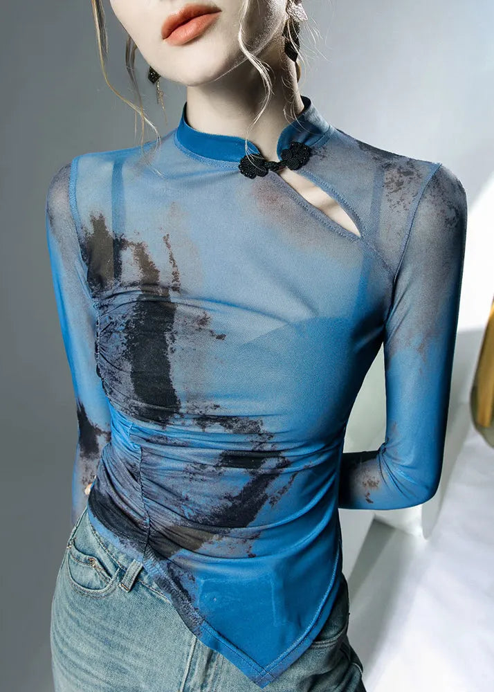 Blue Stand Collar Asymmetrical Print Tulle Tops Fall