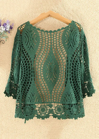 Blackish Green Hollow Out Cotton Knit Cardigan Summer