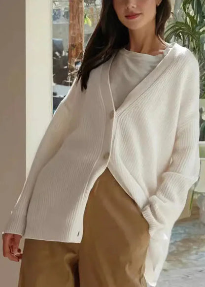 Simple Khaki V Neck Button Loose Knit Cardigan Fall