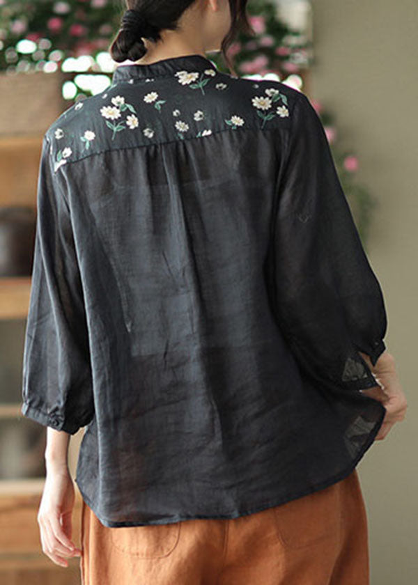 Black Print Patchwork Linen Shirt Three Quarter Sleeve