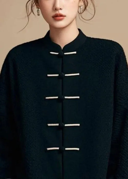 Loose Black Stand Collar Button Cotton Fall Coat
