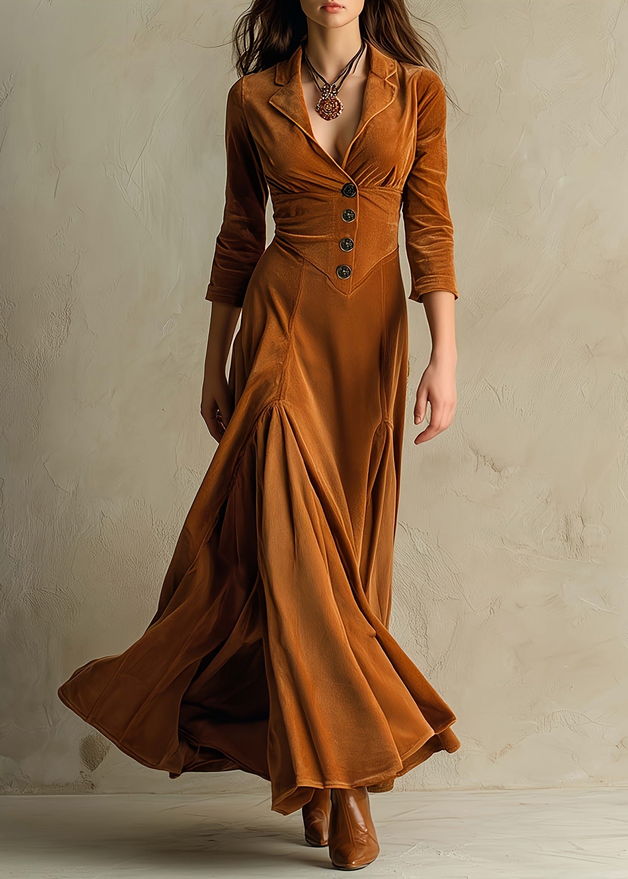 Original Design Brown Peter Pan Collar Velour Dress Autumn