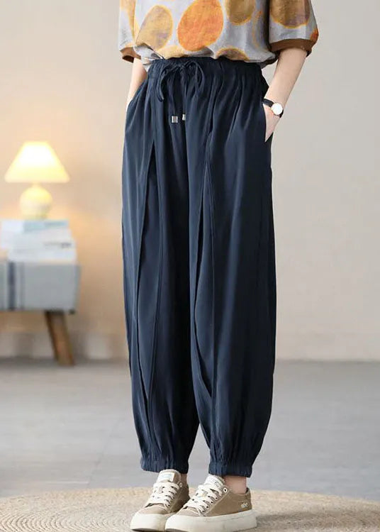 Navy Elastic Waist Drawstring Pockets Silk Harem Pants Fall
