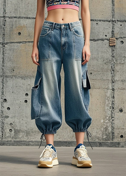 Blue Oversized Pockets Denim Crop Pants Fall